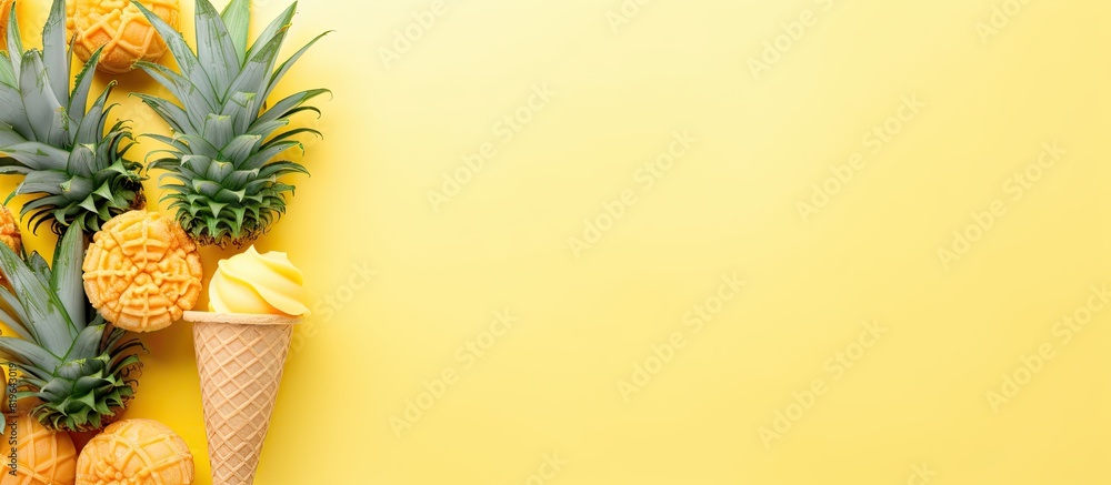 Bright yellow background with fruit and candy themed ice cream cone adorned with pineapple leaves for a flat lay Ideal for copy space image