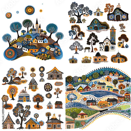 Folk art village illustration featuring whimsical houses, trees, and landscapes in a vibrant, decorative, and hand-drawn artistic style with intricate patterns.