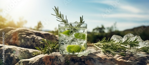 Enjoy refreshing beverages served with ice and a sprig of rosemary at a picnic in the great outdoors with a pretty copy space image included photo