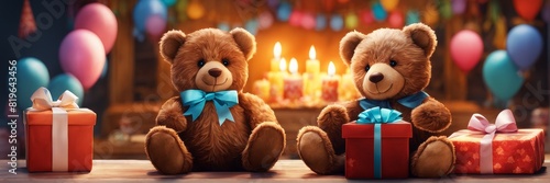 The banner is a greeting. A teddy bear presenting a birthday present. photo