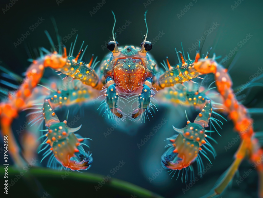 A stunning close-up of a colorful crab with vibrant blue, orange, and yellow hues.