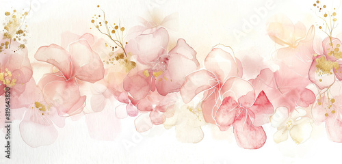 Classy & elegant wide-format watercolor scene in delicate pink, beige & gold. © Aziz