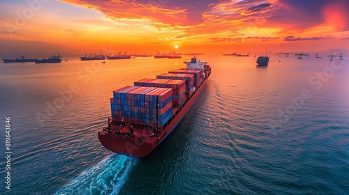 A large cargo ship is sailing through the ocean with a bridge in the background