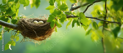 Bird nest on a tree branch with green leaves offering copy space image