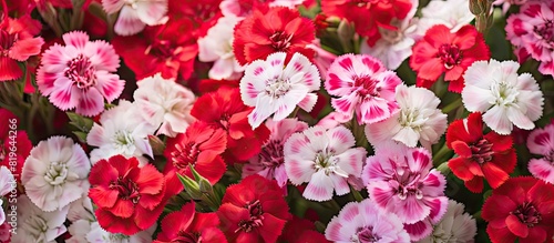 Detailed close up image showcasing red pink and white dianthus or sweet william flowers with copy space image