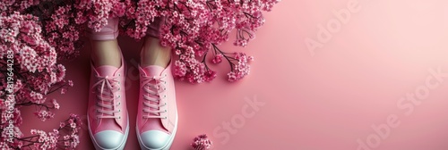 Pair of pink tennis shoes placed on top of pink flowers photo