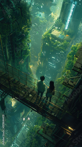 The image is a post-apocalyptic city. The city is in ruins and overgrown with vegetation. Two people are standing on a bridge looking at the ruined city.