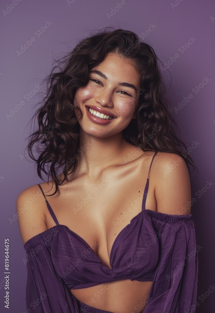 An isolated portrait captures the beauty and sophistication of a lovely young woman against a luxurious purple backdrop, her cheerful demeanor captivating the viewer. An isolated portrait captures the beauty and sophistication of a lovely young woman against a luxurious purple backdrop, her cheerful demeanor captivating the viewer.