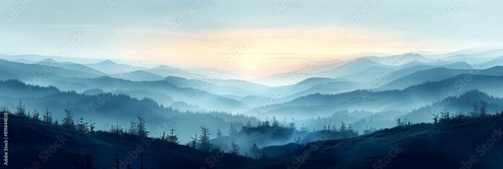 A realistic painting of a mountain range with lush trees in the foreground