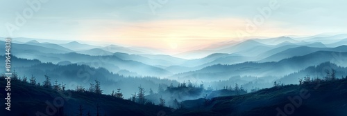 A realistic painting of a mountain range with lush trees in the foreground