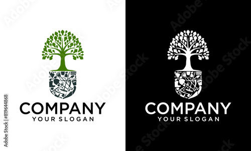 Creative Garden shovel and tree with green leaves logo template. Gardening plant, garden tool vector design. Gardener logotype