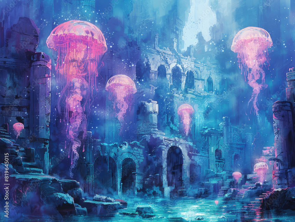 Underwater ruins of the ancient city with glowing jellyfish