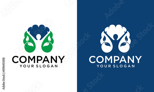 Creative healthy smart brain logo with people and leaf design vector