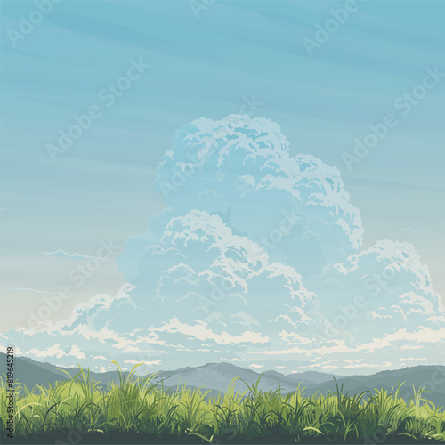 Countryside glass fields landscape with mountain range flat design graphic illustration have blank space.