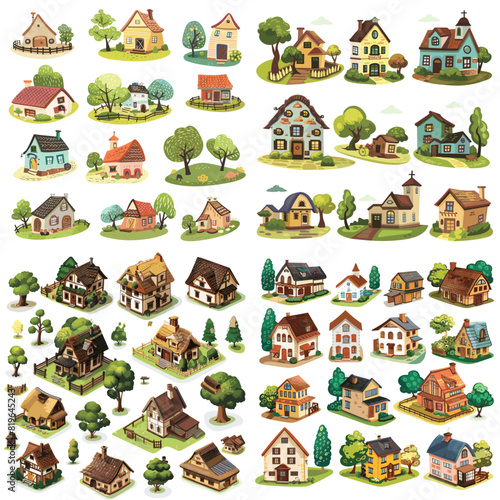 Collection of charming countryside house illustrations featuring cozy homes, lush greenery, and picturesque architecture. Ideal for real estate, rural living, and artistic designs.