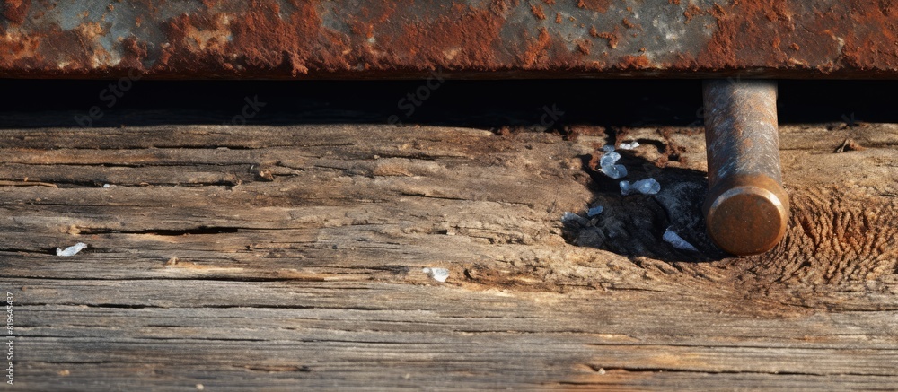An aged corroded timber bolt found within the wooden floor of a former pier with a blank area suitable for inserting an image. Copy space image. Place for adding text and design An aged corroded timber bolt found within the wooden floor of a former pier with a blank area suitable for inserting an image. Copy space image. Place for adding text and design