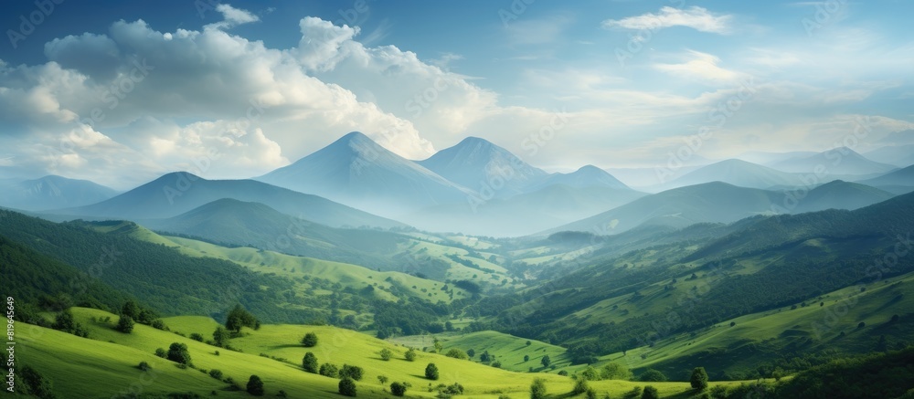 Mountainous terrain and lush green scenery offer a picturesque view against the sky in a stunning copy space image