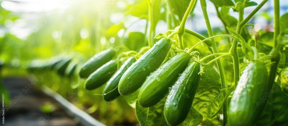 Growing cucumbers in a greenhouse with a young cucumber hanging over Copy space image Growing cucumbers in a greenhouse with a young cucumber hanging over Copy space image