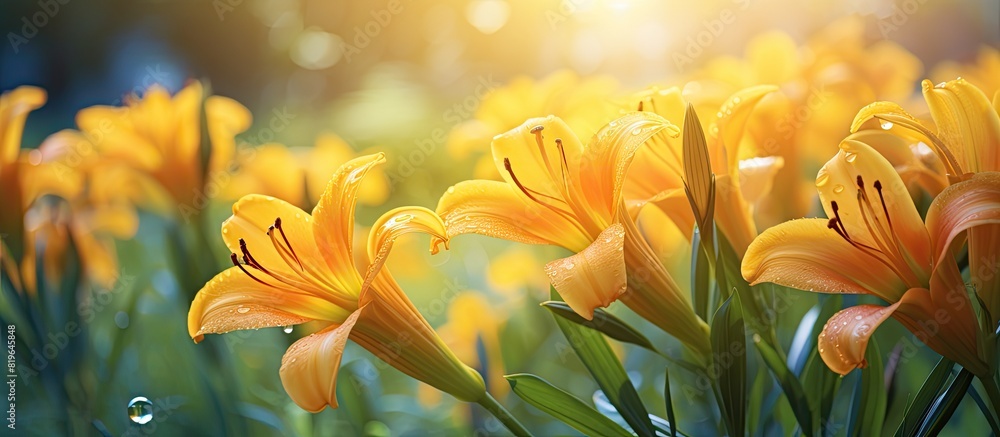 Yellow daylily flowers blooming in the garden with a lovely appearance and a vivid color palette creating a picturesque scene with copy space image Yellow daylily flowers blooming in the garden with a lovely appearance and a vivid color palette creating a picturesque scene with copy space image