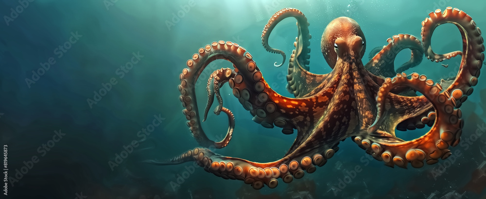 Obraz premium A beautifully colored giant octopus swims in the vast, clear sea