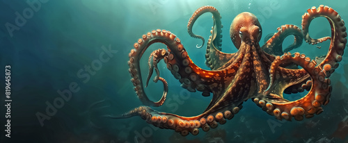 A beautifully colored giant octopus swims in the vast, clear sea