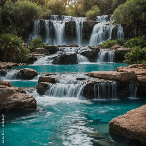 "Celebrate life with laughter and love."Background: Turquoise waterfall cascading into a serene pool.