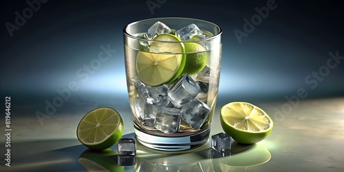 Glass of gin and tonic with ice and lime ,glass on the right side of the picture.