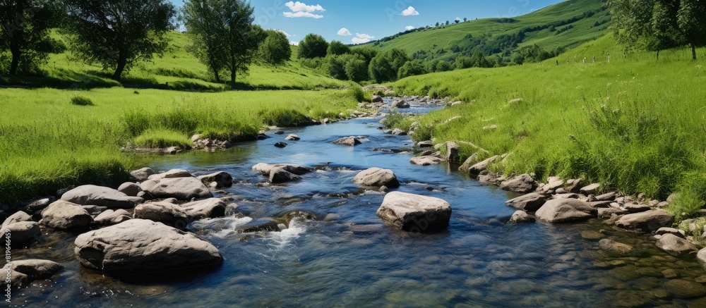 Mountain stream on a summer day with water foaming in the riverbed providing a source of moisture for drinking and irrigation set against rocks green grass and a serene natural backdrop in a copy spac