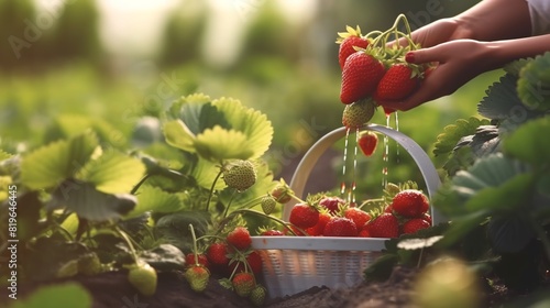 Woman picking fresh ripe strawberries in garden on sunny day, closeup