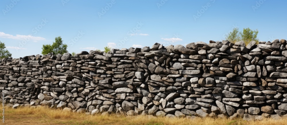 A gabion protective wall stands against the backdrop of a copy space image A gabion protective wall stands against the backdrop of a copy space image