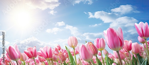 Image of a gorgeous spring scene featuring a field of blooming pink tulips Ideal for springtime themes with a banner and room for text. Copy space image. Place for adding text and design #819646657