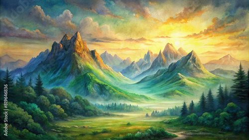 Majestic mountains towering over a lush green valley, kissed by the golden light of the setting sun photo