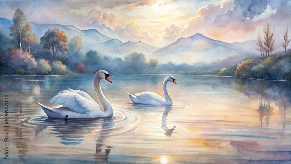 Serene swans gliding gracefully across a tranquil lake, their elegant forms mirrored perfectly in the still waters at dawn