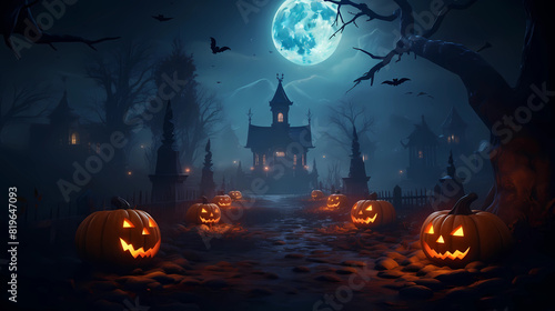 Halloween background with pumpkins and haunted house - 3D render. Halloween background with Evil Pumpkin. Spooky scary dark Night forrest. Holiday event halloween banner background concept