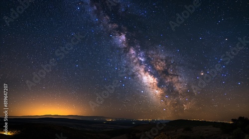 A starry night sky with the Milky Way stretching across the horizon, illuminating the landscape below with its soft glow. 32k, full ultra HD, high resolution