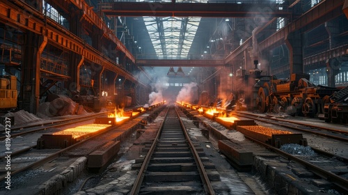 A factory with a conveyor belt that is hot and has a lot of sparks