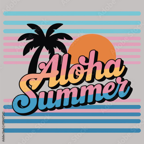 Summer vector t-shirt design for men and women with palm tree, sea, hello summer, typography slogan.