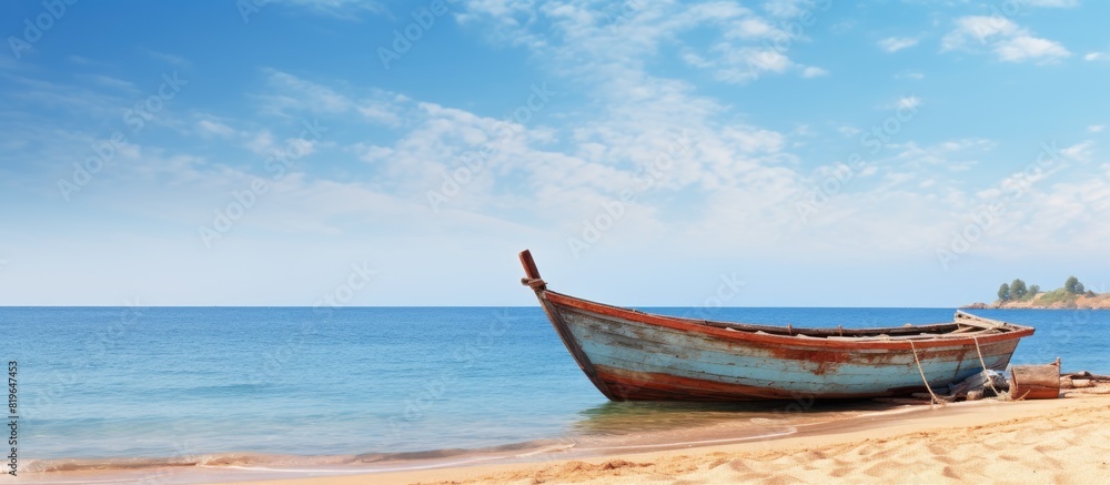 Fishing boat made of wood on the coastline with copy space image