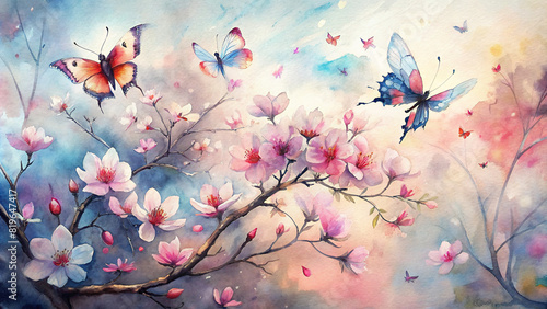 Delicate butterflies fluttering around a blooming cherry blossom tree, creating a mesmerizing dance of color and movement photo