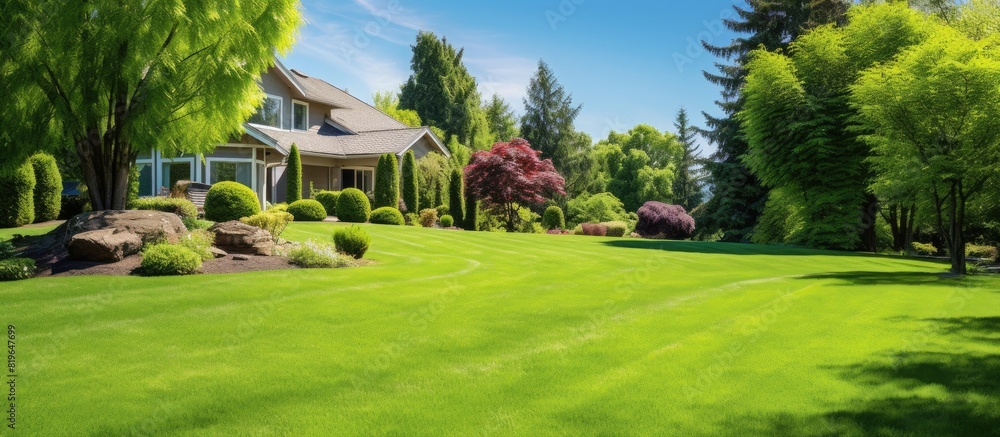 Country house backyard with a meticulously trimmed lawn and lush green hedge providing a serene background for a copy space image
