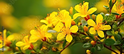 Hypericum perforatum flowers also known as St John s wort bloom in a sunny field creating a picturesque scene with ample copy space image for photography