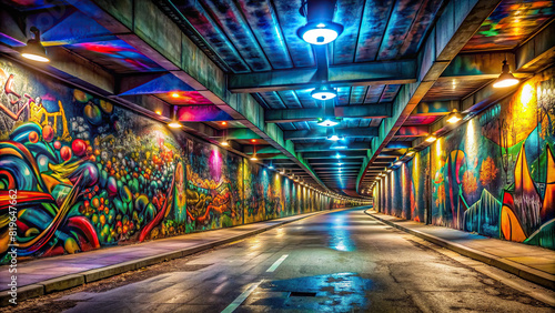 A wide-angle view of a graffiti-covered underpass, illuminated by the soft glow of streetlights, creating a captivating urban scene photo