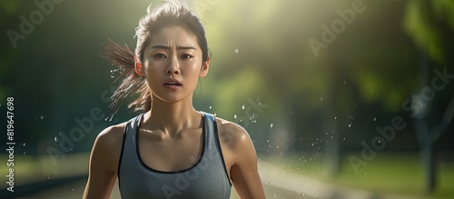 A tired young Asian woman in sportswear battles the heatwave while jogging in a park on a sunny day at risk of dehydration and heat stroke Image with ample copy space