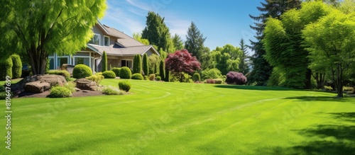 Country house backyard with a meticulously trimmed lawn and lush green hedge providing a serene background for a copy space image