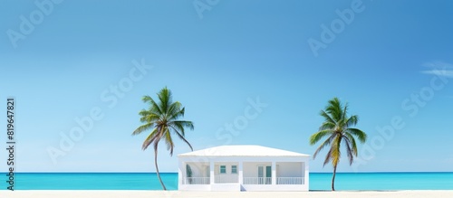 Tropical White House with a palm fringed beach and a clear blue ocean in the background ideal for a copy space image