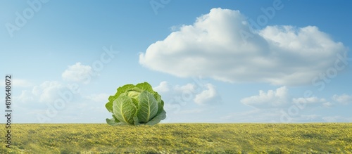 A scenic view featuring a small number of clouds set against a clear blue sky with Brassica rapa in the foreground leaving room for another image. Copy space image. Place for adding text and design photo