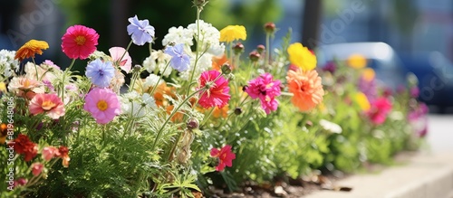 Various types of flowers naturally growing in an urban environment providing a picturesque setting with copy space image