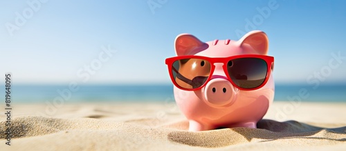 Piggy bank with sunglasses at the beach ideal for summer copy space image © Ilgun