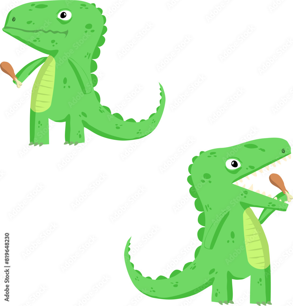 Obraz premium Two variants of donosauric with open and closed mouth. Cartoon cute drawing style. Vector illustration dinosaur holding a chicken fried leg in his hand. The second dinosaur has opened its toothy mouth