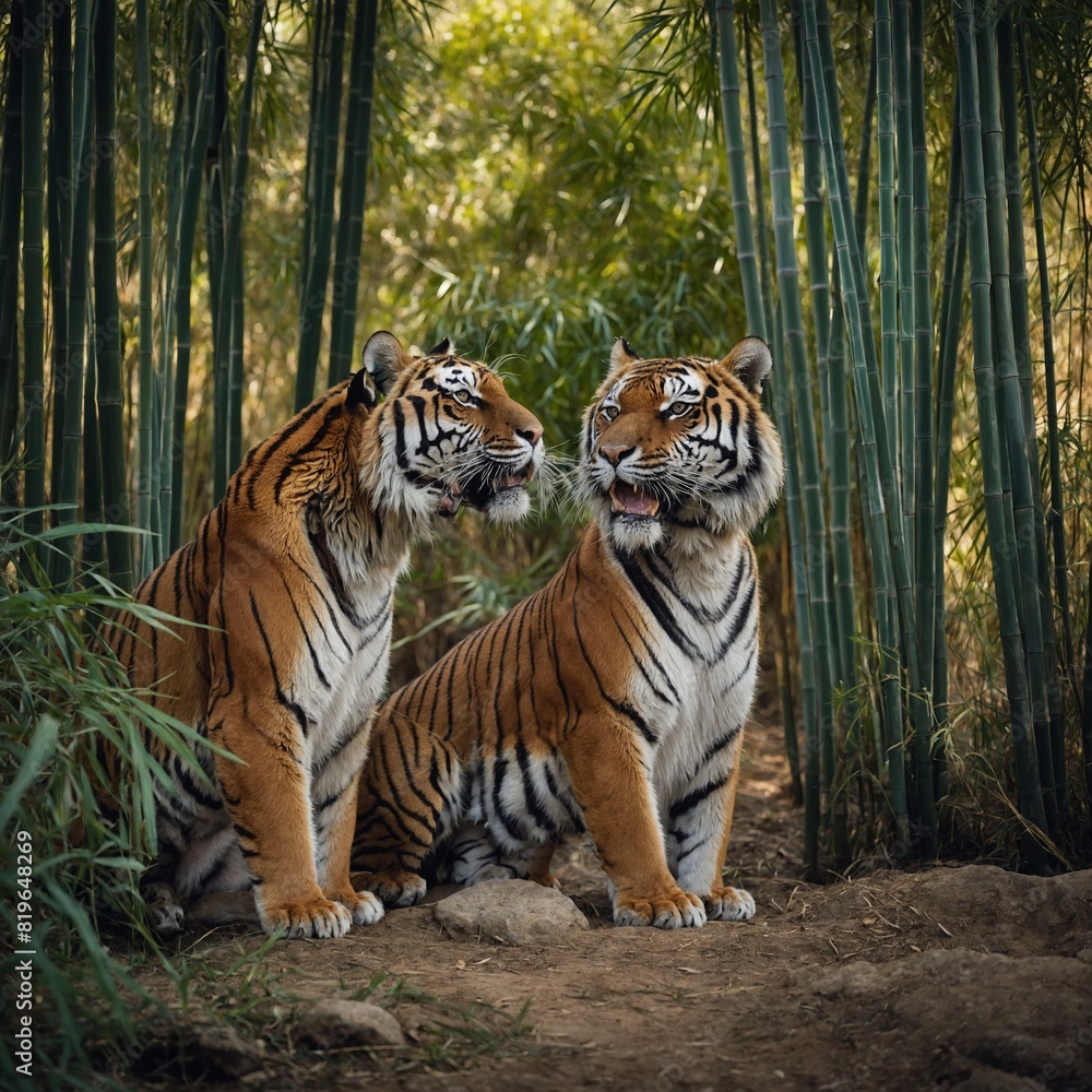 Obraz premium A pair of tigers nuzzling affectionately in a tranquil bamboo grove.